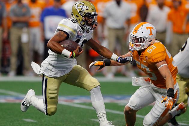 ATLANTA, GA - SEPTEMBER 04:  TaQuon Marshall #16 of the Georgia Tech Yellow Jackets rushes against Colton Jumper #53 of the Tennessee Volunteers at Mercedes-Benz Stadium on September 4, 2017 in Atlanta, Georgia.  (Photo by Kevin C. Cox/Getty Images)