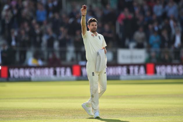 England's James Anderson holds up the ball as he celebrates taking his 500th Test match wicket during the second day of the third international Test match between England and West Indies at Lords cricket ground in London on September 8, 2017. / AFP PHOTO / Glyn KIRK / RESTRICTED TO EDITORIAL USE. NO ASSOCIATION WITH DIRECT COMPETITOR OF SPONSOR, PARTNER, OR SUPPLIER OF THE ECB         (Photo credit should read GLYN KIRK/AFP/Getty Images)
