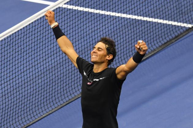 TOPSHOT - Rafael Nadal of Spain celebrates victory over Juan Martin del Potro of Argentina in their 2017 US Open Men's Singles semifinals match at the USTA Billie Jean King National Tennis Center in New York on September 8, 2017.  / AFP PHOTO / DON EMMERT        (Photo credit should read DON EMMERT/AFP/Getty Images)