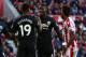 Manchester United's French midfielder Paul Pogba (C) celebrates after his header deflected off Manchester United's English striker Marcus Rashford (L) into the goal during the English Premier League football match between Stoke City and Manchester United at the Bet365 Stadium in Stoke-on-Trent, central England on September 9, 2017. / AFP PHOTO / Geoff CADDICK / RESTRICTED TO EDITORIAL USE. No use with unauthorized audio, video, data, fixture lists, club/league logos or 'live' services. Online in-match use limited to 75 images, no video emulation. No use in betting, games or single club/league/player publications. / (Photo credit should read GEOFF CADDICK/AFP/Getty Images)