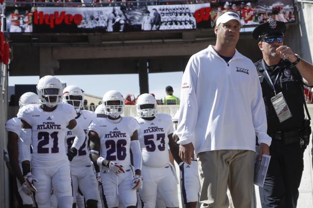 Florida Atlantic head coach Lane Kiffin leads his team on the field before an NCAA college football game against Wisconsin Saturday, Sept. 9, 2017, in Madison, Wis. (AP Photo/Morry Gash)