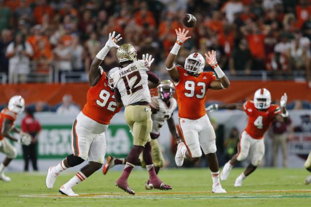 MIAMI GARDENS, FL - OCTOBER 8: Pat Bethel #93 of the Miami Hurricanes is unable to tip the pass thrown by Deondre Francois #12 of the Florida State Seminoles during fourth quarter action on October 8, 2016 at Hard Rock Stadium in Miami Gardens, Florida. Florida State defeated Miami 20-19. Photo by Joel Auerbach/Getty Images)