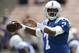 Indianapolis Colts quarterback Jacoby Brissett warms up before an NFL football game against the Los Angeles Rams Sunday, Sept. 10, 2017, in Los Angeles. (AP Photo/Jae C. Hong)