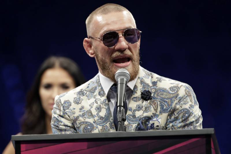 Conor McGregor speaks during a news conference after a super welterweight boxing match against Floyd Mayweather Jr., Sunday, Aug. 27, 2017, in Las Vegas. (AP Photo/Isaac Brekken)