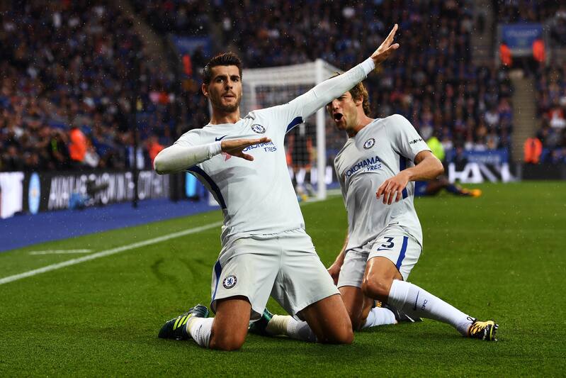 LEICESTER, ENGLAND - SEPTEMBER 09: Alvaro Morata of Chelsea celebrates scoring his sides first goal with Marcos Alonso of Chelsea during the Premier League match between Leicester City and Chelsea at The King Power Stadium on September 9, 2017 in Leicester, England. (Photo by Michael Regan/Getty Images)