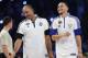 Golden State Warriors' Stephen Curry celebrates with his father, Dell Curry, left, during the NBA All-Star Saturday Shooting Stars event Saturday, Feb. 14, 2015, in New York. (AP Photo/Frank Franklin II)