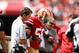 SANTA CLARA, CA - SEPTEMBER 10: Reuben Foster #56 of the San Francisco 49ers is helped off the field after he was injured in their game against the Carolina Panthers at Levi's Stadium on September 10, 2017 in Santa Clara, California. (Photo by Ezra Shaw/Getty Images)