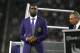 Former Minnesota Vikings wide receiver Randy Moss, left, looks on as he is inducted into the Vikings Ring of Honor during halftime of an NFL football game between the Vikings and the New Orleans Saints, Monday, Sept. 11, 2017, in Minneapolis. (AP Photo/Bruce Kluckhohn)