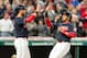 CLEVELAND, OH - SEPTEMBER 11: Yan Gomes #7 celebrates with Greg Allen #53 of the Cleveland Indians after both scored on a hit by Francisco Lindor #12 during the second inning against the Detroit Tigers at Progressive Field on September 11, 2017 in Cleveland, Ohio. (Photo by Jason Miller/Getty Images)