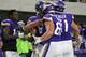 Minnesota Vikings wide receiver Stefon Diggs, left, celebrates with teammates after catching a 2-yard touchdown pass during the first half of an NFL football game against the New Orleans Saints, Monday, Sept. 11, 2017, in Minneapolis. (AP Photo/Bruce Kluckhohn)