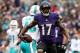 BALTIMORE, MD - DECEMBER 4: Wide receiver Mike Wallace #17 of the Baltimore Ravens reacts after making a catch against the Miami Dolphins in the first quarter at M&T Bank Stadium on December 4, 2016 in Baltimore, Maryland. (Photo by Patrick Smith/Getty Images)