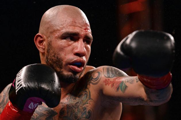 Aug 26, 2017; Carson, CA, USA; Miguel Cotto (center) fights Yoshihiro Kamegai (not pictured) during a WBO light middleweight boxing title fight at Stubhub Center. Mandatory Credit: Jake Roth-USA TODAY Sports