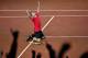 Belgium's David Goffin jubilates after winning his match against Australia's John Millman during a Davis Cup World Group semi-final tennis match in Brussels, Friday, Sept. 15, 2017. Goffin won the match 6-7, 6-4, 6-3, 7-6. (AP Photo/Geert Vanden Wijngaert)