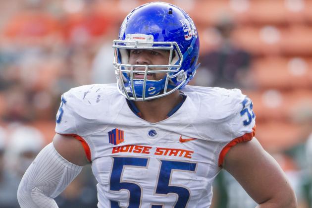 Boise State nose tackle David Moa (55) looks over to the sidelines in the third quarter of an NCAA college football game, Saturday, Nov. 12, 2016, in Honolulu. (AP Photo/Eugene Tanner)