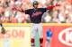 Sep 16, 2017; Cleveland, OH, USA; Cleveland Indians shortstop Francisco Lindor (12) celebrates after hitting a two-run RBI double against the Kansas City Royals during the sixth inning at Progressive Field. Mandatory Credit: Scott R. Galvin-USA TODAY Sports