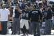 Oakland Raiders running back Marshawn Lynch (24) dances on the sideline during the second half of an NFL football game against the New York Jets in Oakland, Calif., Sunday, Sept. 17, 2017. (AP Photo/Ben Margot)