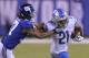 Detroit Lions running back Ameer Abdullah (21) stiff arms New York Giants' Ross Cockrell (37) during the first half of an NFL football game Monday, Sept. 18, 2017, in East Rutherford, N.J. (AP Photo/Bill Kostroun)