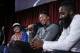 IMAGE DISTRIBUTED FOR 2K - Spike Lee, left, and James Harden, right, look on as Anthony Davis entertains media at the NBA 2K16 Uncensored Premiere Event at Marquee on Monday, Sept. 21, 2015, in New York. (Photo by Stuart Ramson/Invision for 2K/AP Images)
