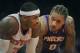 New York Knicks' Carmelo Anthony, left, and Phoenix Suns' Michael Beasley in the third quarter of the NBA basketball game between the New York Knicks and Phoenix Suns at Madison Square Garden in New York, Sunday, Dec. 2, 2012. (AP Photo/Henny Ray Abrams)