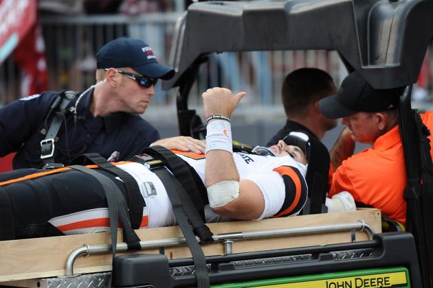 Sep 16, 2017; Pullman, WA, USA; Oregon State Beavers quarterback Jake Luton (6) gives a thumbs up after while being carted off the field after a play against the Washington State Cougars during the second half at Martin Stadium. The Cougars won 52-23. Mandatory Credit: James Snook-USA TODAY Sports