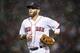 BOSTON, MA - SEPTEMBER 13: Dustin Pedroia #15 of the Boston Red Sox reacts as rain falls during the seventh inning of a game against the Oakland Athletics on September 13, 2017 at Fenway Park in Boston, Massachusetts. (Photo by Billie Weiss/Boston Red Sox/Getty Images)