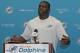 DAVIE, FL - MAY 23: Lawrence Timmons #94 of the Miami Dolphins talks to the media after the team's OTAs on May 23, 2017 at the Miami Dolphins training facility in Davie, Florida. (Photo by Joel Auerbach/Getty Images)