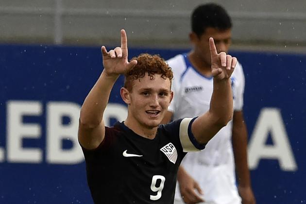 USA footballer Josh Sargent celebrates after scoring against Honduras during their Under-17 Concacaf qualifying football match at the Maracana stadium on May 3, 2017 in Panama City. / AFP PHOTO / RODRIGO ARANGUA (Photo credit should read RODRIGO ARANGUA/AFP/Getty Images)