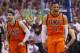 Oklahoma City Thunder guard Russell Westbrook (0) shouts following a dunk by teammate Enes Kanter (11) in the first half of Game 4 of a first-round NBA basketball playoff series in Oklahoma City, Sunday, April 23, 2017. (AP Photo/Sue Ogrocki)