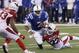 INDIANAPOLIS, IN - SEPTEMBER 17: Jacoby Brissett #7 of the Indianapolis Colts is tackled by Tyrann Mathieu #32 of the Arizona Cardinals in the second quarter of a game at Lucas Oil Stadium on September 17, 2017 in Indianapolis, Indiana. (Photo by Joe Robbins/Getty Images)