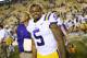 BATON ROUGE, LA - SEPTEMBER 09: Derrius Guice #5 of the LSU Tigers celebrates after a game against the Chattanooga Mocs at Tiger Stadium on September 9, 2017 in Baton Rouge, Louisiana. (Photo by Jonathan Bachman/Getty Images)