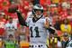 KANSAS CITY, MO - SEPTEMBER 17: Quarterback Carson Wentz #11 of the Philadelphia Eagles drops back to pass against of the Kansas City Chiefs during the second half on September 17, 2017 at Arrowhead Stadium in Kansas City, Missouri. (Photo by Peter G. Aiken/Getty Images)