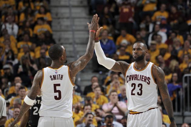 CLEVELAND, OH - MAY 3:  JR Smith #5 and LeBron James #23 of the Cleveland Cavaliers high five against the Toronto Raptorsduring Game Two of the Eastern Conference Semifinals of the 2017 NBA Playoffs on May 3, 2017 at Quicken Loans Arena in Cleveland, Ohio. NOTE TO USER: User expressly acknowledges and agrees that, by downloading and/or using this photograph, user is consenting to the terms and conditions of the Getty Images License Agreement. Mandatory Copyright Notice: Copyright 2017 NBAE (Photo by David Liam Kyle/NBAE via Getty Images)