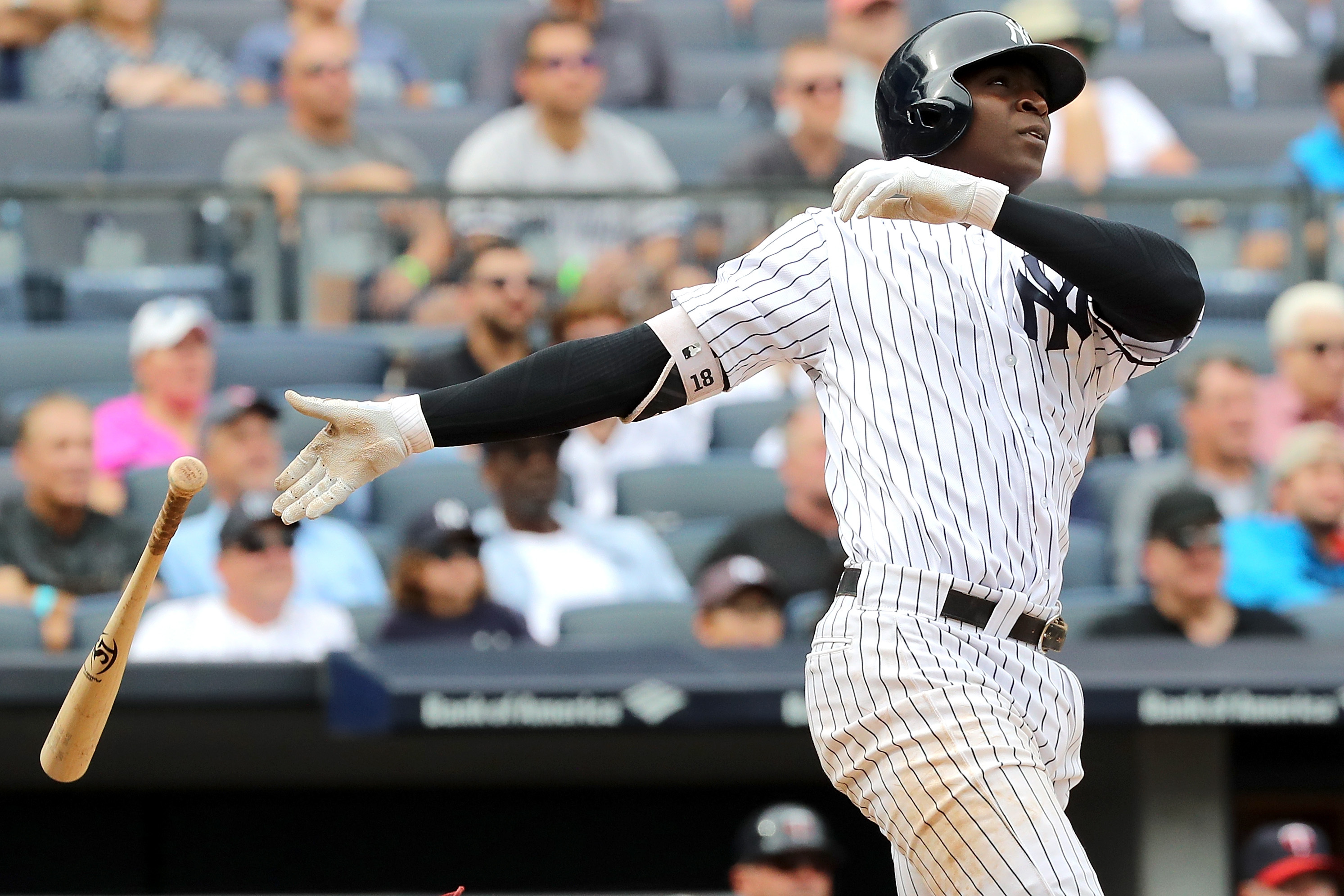 New York Yankees shortstop Didi Gregorius stands on first base