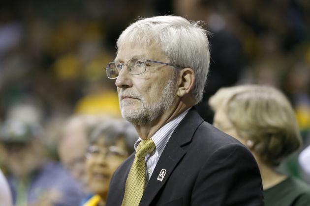 FILE - In this Nov. 14, 2016 file photo, Baylor University Interim President Dr. David Garland watches play during an NCAA college basketball game in Waco, Texas. A court filing reveals that the former interim president referred to some women who had been sexually assaulted as willing
