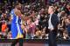 CLEVELAND, OH - JUNE 9: Kevin Durant #35 and head coach Steve Kerr of the Golden State Warriors high-five in Game Four of the 2017 NBA Finals on June 9, 2017 at Quicken Loans Arena in Cleveland, Ohio. NOTE TO USER: User expressly acknowledges and agrees that, by downloading and/or using this photograph, user is consenting to the terms and conditions of Getty Images License Agreement. Mandatory Copyright Notice: Copyright 2017 NBAE (Photo by Andrew D. Bernstein/NBAE via Getty Images)
