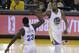 Golden State Warriors forward Kevin Durant (35) and forward Draymond Green (23) celebrate during the first half of Game 2 of basketball's NBA Finals against the Cleveland Cavaliers in Oakland, Calif., Sunday, June 4, 2017. (AP Photo/Ben Margot)