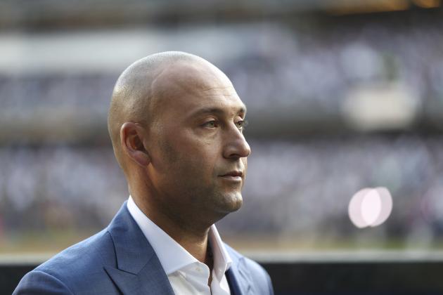 ***POOL PHOTO*** Former New York Yankee Derek Jeter participates in a ceremony to retire his number at Yankee Stadium in New York, Sunday, May 14, 2017. (AP Photo/Elsa Garrison, Pool)