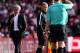 Manchester United's Portuguese manager Jose Mourinho (L) gestures after being sent to the stands by referee Craig Pawson during the English Premier League football match between Southampton and Manchester United at St Mary's Stadium in Southampton, southern England on September 23, 2017.
Manchester United won the game 1-0. / AFP PHOTO / Glyn KIRK / RESTRICTED TO EDITORIAL USE. No use with unauthorized audio, video, data, fixture lists, club/league logos or 'live' services. Online in-match use limited to 75 images, no video emulation. No use in betting, games or single club/league/player publications. / (Photo credit should read GLYN KIRK/AFP/Getty Images)
