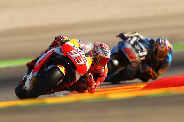 ALCANIZ, SPAIN - SEPTEMBER 24:  Marc Marquez of Spain and the Repsol Honda Team rides during warm-up before the MotoGP of Aragon at Motorland Aragon Circuit on September 24, 2017 in Alcaniz, Spain.  (Photo by Dan Istitene/Getty Images)