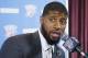 FILE - In this July 12, 2017, file photo, Oklahoma City Thunder forward Paul George answers a question at his first news conference since Oklahoma City's blockbuster trade with the Indiana Pacers, in Oklahoma City. George travels back to Indiana on Dec. 13, 2017, for the first time since the Pacers surprisingly dealt him to Oklahoma City. (AP Photo/Sue Ogrocki, File)