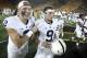 IOWA CITY, IOWA- SEPTEMBER 23: Quarterbacks Tommy Stevens #2 and Trace McSorley #9 of the Penn State Nittany Lions celebrate after defeating the Iowa Hawkeyes on September 23, 2017 at Kinnick Stadium in Iowa City, Iowa. (Photo by Matthew Holst/Getty Images)