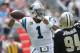 Carolina Panthers' Cam Newton (1) looks to pass against the New Orleans Saints in the second half of an NFL football game in Charlotte, N.C., Sunday, Sept. 24, 2017. (AP Photo/Bob Leverone)