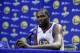 Golden State Warriors' Kevin Durant during NBA basketball team media day Friday, Sept. 22, 2017, in Oakland , Calif. (AP Photo/Marcio Jose Sanchez)