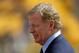 NFL commissioner Roger Goodell visits on the sidelines during warm ups before an NFL football game between the Pittsburgh Steelers and the Minnesota Vikings in Pittsburgh, Sunday, Sept. 17, 2017. (AP Photo/Keith Srakocic)