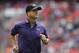 Baltimore Ravens head coach John Harbaugh runs from the field before an NFL football game against the Jacksonville Jaguars at Wembley Stadium in London, Sunday Sept. 24, 2017. (AP Photo/Matt Dunham)