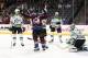 Colorado Avalanche center Matt Duchene celebrates goal by teammate Sergei Boikov against Dallas Stars goalie Kari Lehtonen (32) during the first period of a preseason NHL hockey game Thursday, Sept. 21, 2017, in Denver. (AP Photo/Jack Dempsey)