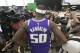Sacramento Kings forward Zach Randolph talks to reporters during the NBA basketball team's media day Monday, Sept. 25, 2017, in Sacramento, Calif. Randolph, who played for the Memphis Grizzlies last season, signed a free-agent contact with the Kings during the offseason. (AP Photo/Rich Pedroncelli)