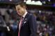 FILE - In this March 19, 2017, file photo, Louisville head coach Rick Pitino walks off the court after a 73-69 loss to Michigan in a second-round game in the men's NCAA college basketball tournament in Indianapolis. The NCAA suspended Pitino, Thursday, June 15, 2017, for five ACC games following sex scandal investigation. A former men's basketball staffer is alleged to have hired strippers to entertain players and recruits. (AP Photo/Jeff Roberson, File)