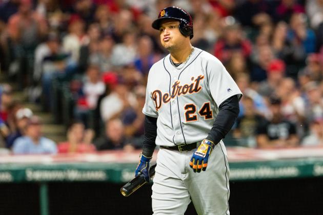 CLEVELAND, OH - SEPTEMBER 12: Miguel Cabrera #24 of the Detroit Tigers reacts after striking out during the fourth inning against the Cleveland Indians at Progressive Field on September 12, 2017 in Cleveland, Ohio. (Photo by Jason Miller/Getty Images)
