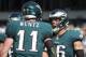 PHILADELPHIA, PA - SEPTEMBER 24: Carson Wentz #11 of the Philadelphia Eagles celebrates with Zach Ertz #86 after scoring a touchdown in the third quarter against the New York Giants at Lincoln Financial Field on September 24, 2017 in Philadelphia, Pennsylvania. The Eagles defeated the Giants 27-24. (Photo by Mitchell Leff/Getty Images)